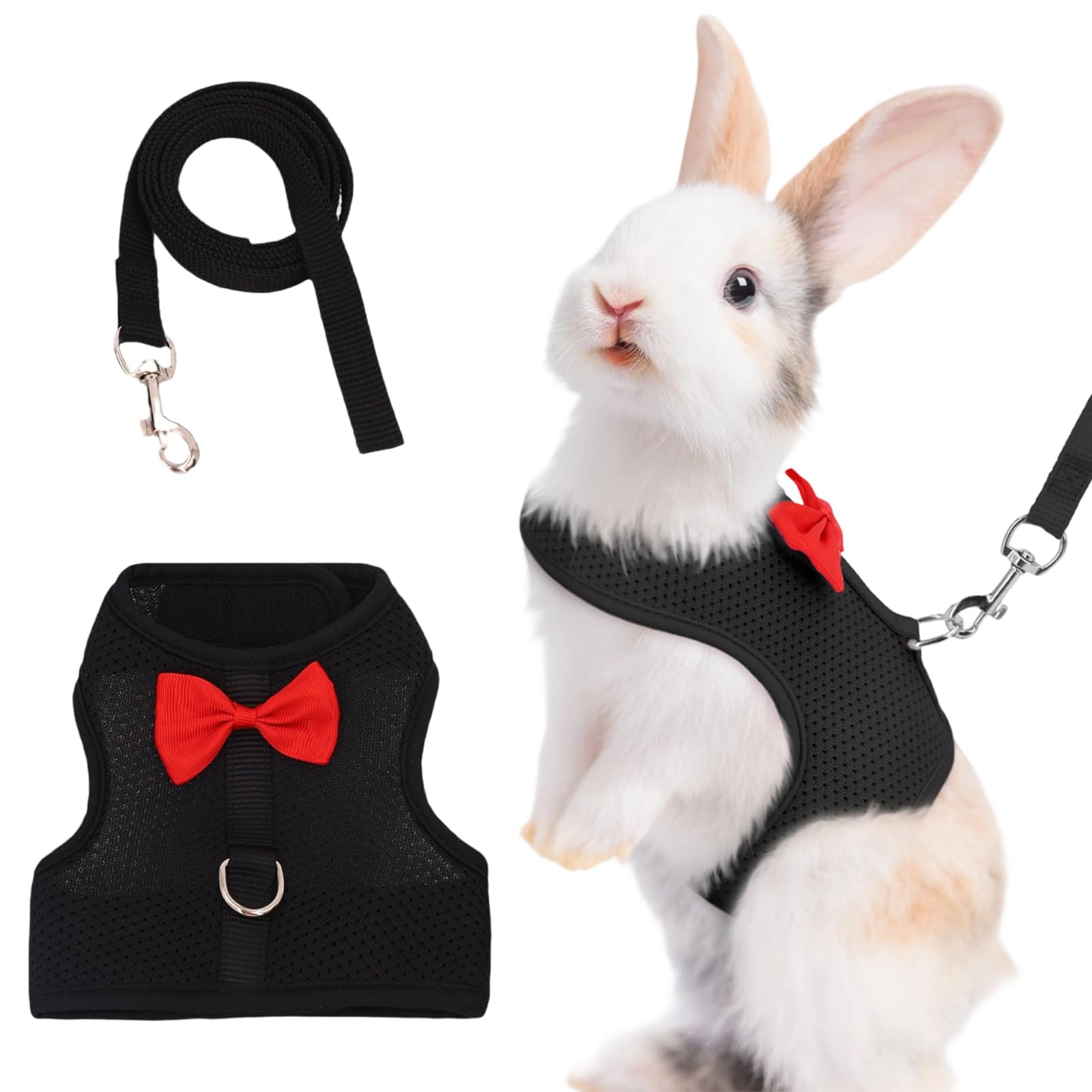 LOMSUXA Guinzaglio Per Coniglio Nano, imbracatura con guinzaglio, Accessori Conigli, Stoviglie Con Guinzaglio, Pettorina Regolabile, pettorina coniglio nano(Nero, M) - 2