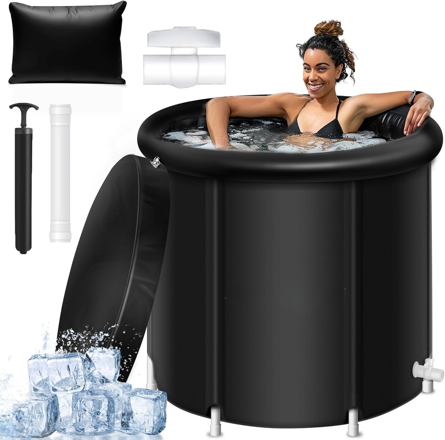 Portable Large Ice Bath Tub with Lid, Athletes Cold Water Therapy Recovery Pod, Freestanding Foldable Home Inflatable SPA Bath tub Plunge Tub Ice Barrel For Adults,75 * 80CM