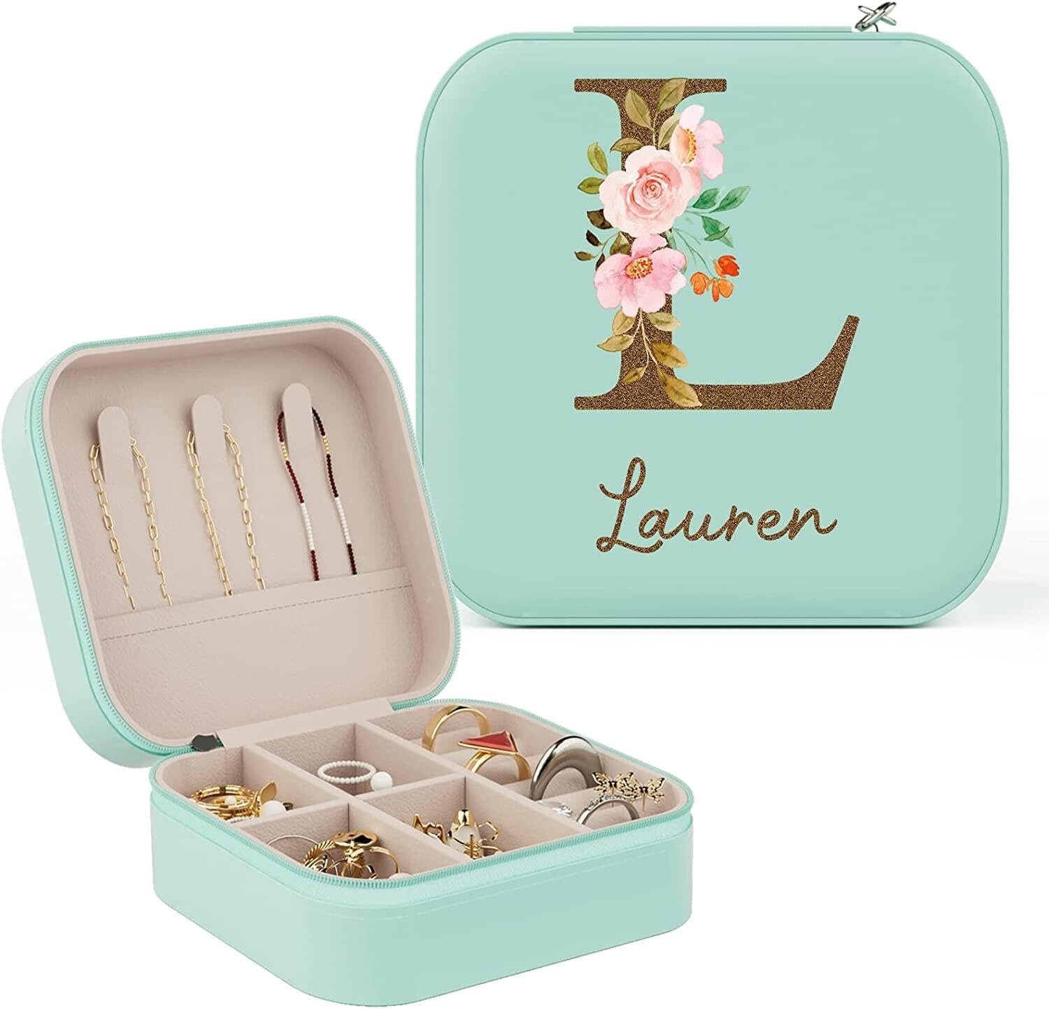 Bemaystar Personalized Jewelry Box With Initial & Name - Customized Travel Case, Christmas, Bridesmaid & Wedding Gifts for Women, Girls