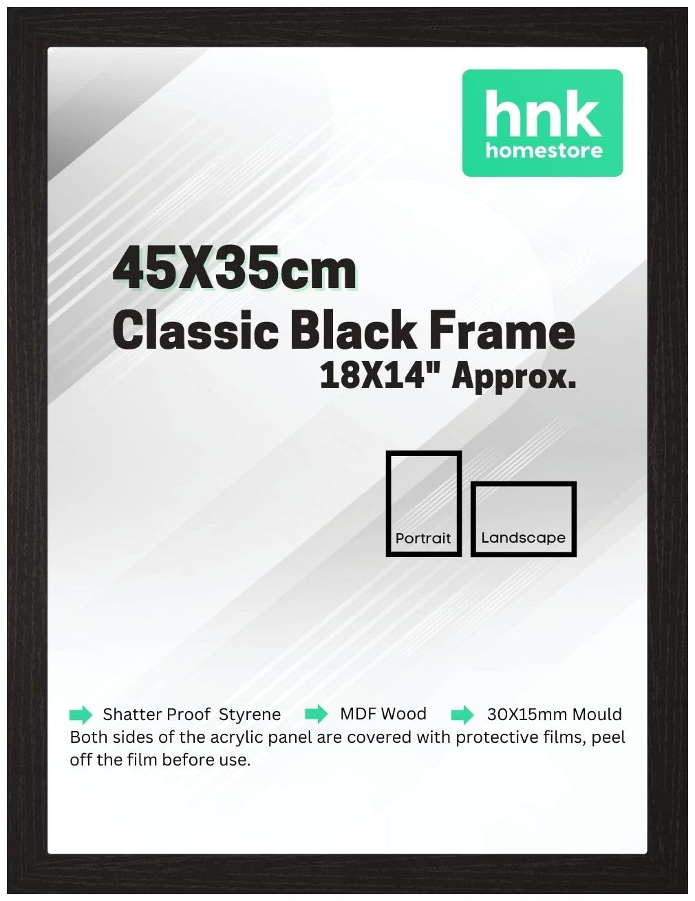 HNK Homestore Classic Picture Poster Frame, 45x35cm Black, Wood Finish, Portrait & Landscape, 18x14" Frame