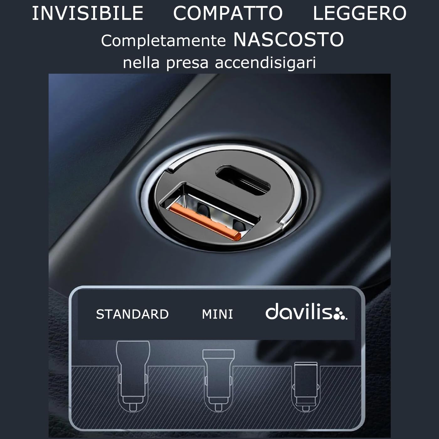 Davilis® Caricabatterie da Auto presa Accendisigari a Ricarica Rapida PD C 30W USB A QC 3.0 60W totali per Cellulare Smartphone Tablet Compatibile con iPhone, iPad, Samsung, Xiaomi, Huawei, LG