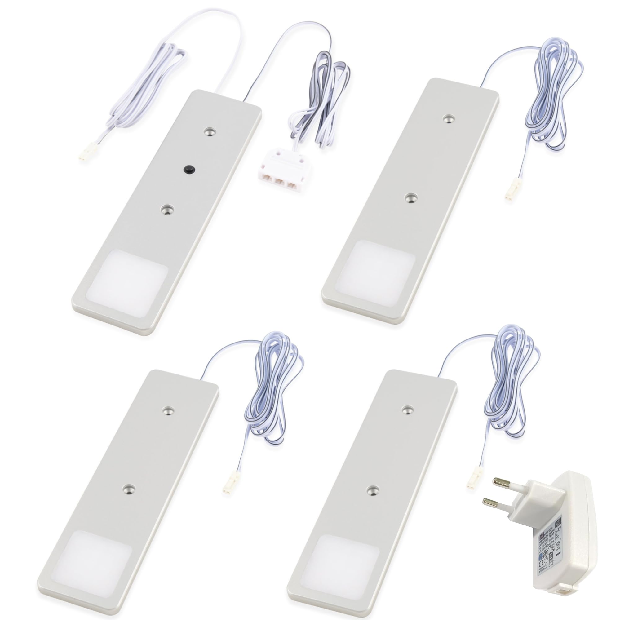 kalb | LED Unterbauleuchten SET Solid2, silbergrau mit mech. Schalter, 3W, 200cm Kabellänge, Auswahl:4er Set warmweiss