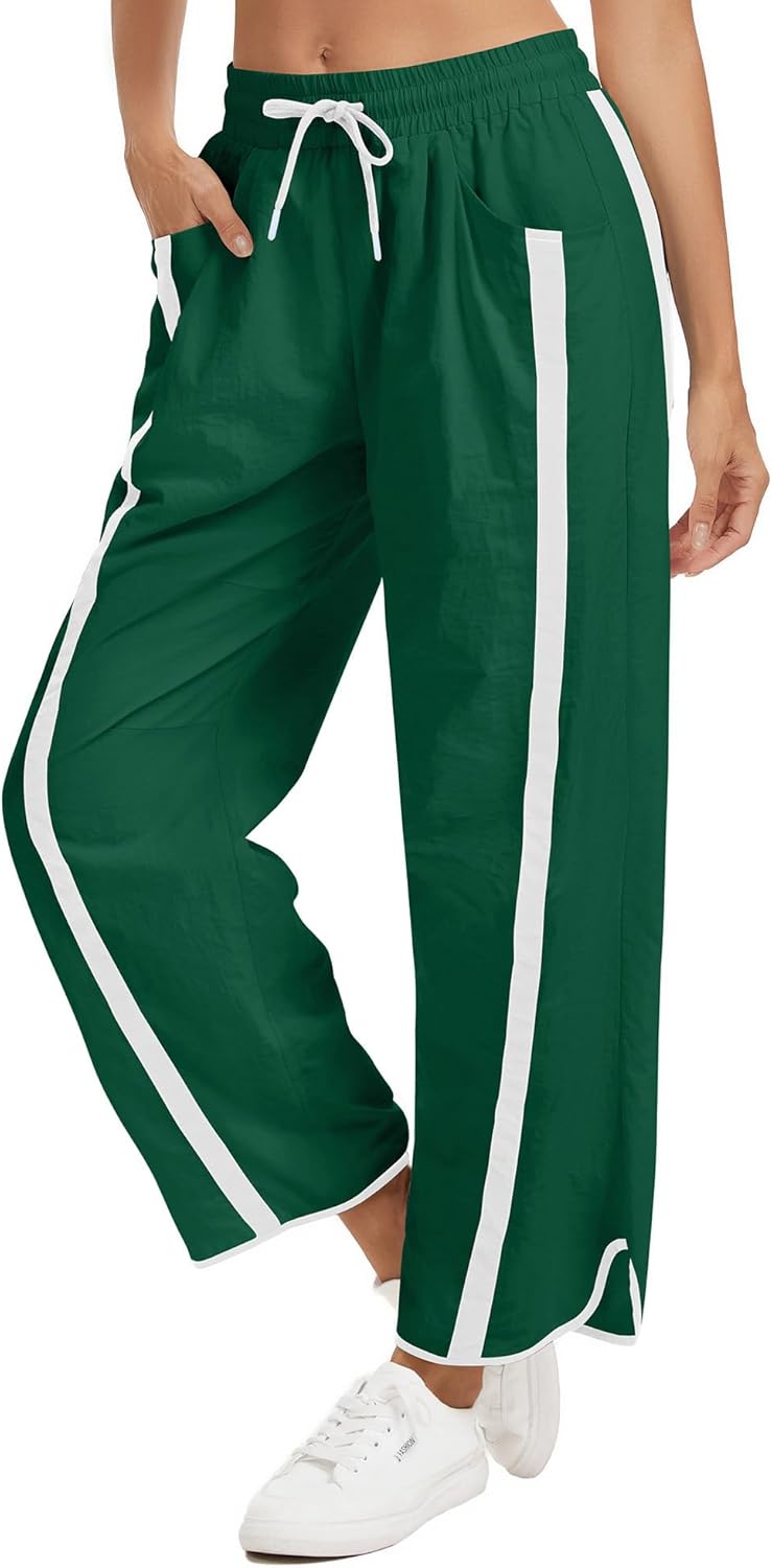 Women's Wide Leg Track Pants Baggy Drawstring High Rise Side Striped Casual Lightweight Parachute Pants with Pockets