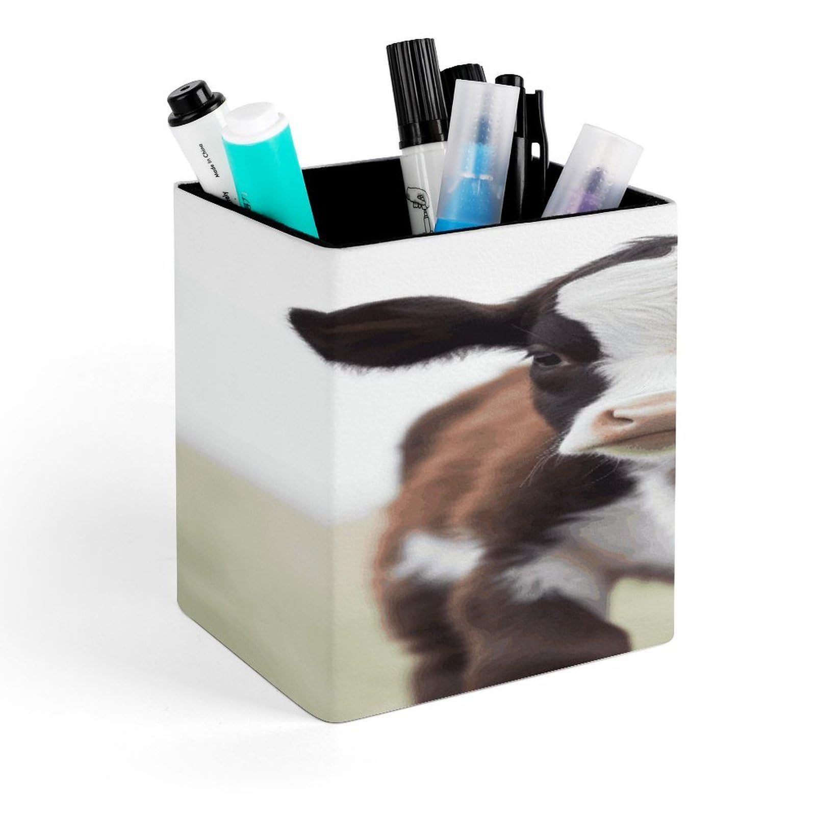 LZQPOEAS Cow Square Pen Pencil Holder PU Leather Pencil Cup Desktop Stationery Organizer Office Accessories Container
