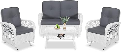 Miniatura 56 de VIVIJASON Silla mecedora de mimbre para exteriores, 2 piezas, sillas mecedoras de ratán para patio con cojines y marco de acero, muebles de mimbre