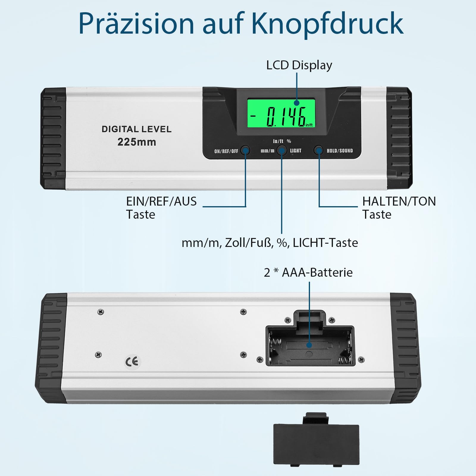 Digitale Wasserwaage 225mm, Winkelmesser mit Wasserwaage, Magnetischer, V-Nut Basis, Hochhelles LCD-Display, Neigungsmesser & Winkelmesser für präzise Messungen, Bau, Werkstatt, Solar & Auto