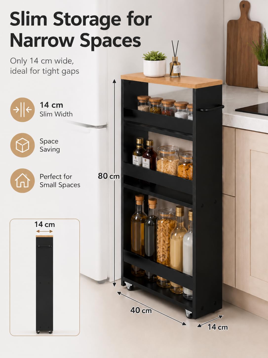 estantería Vertical Negra Estrecha con Ruedas 1 Unidad 80x40x14cm | Estantería vertical de 3 niveles para espacios reducidos con almacenamiento práctico y acceso fácil a objetos diarios