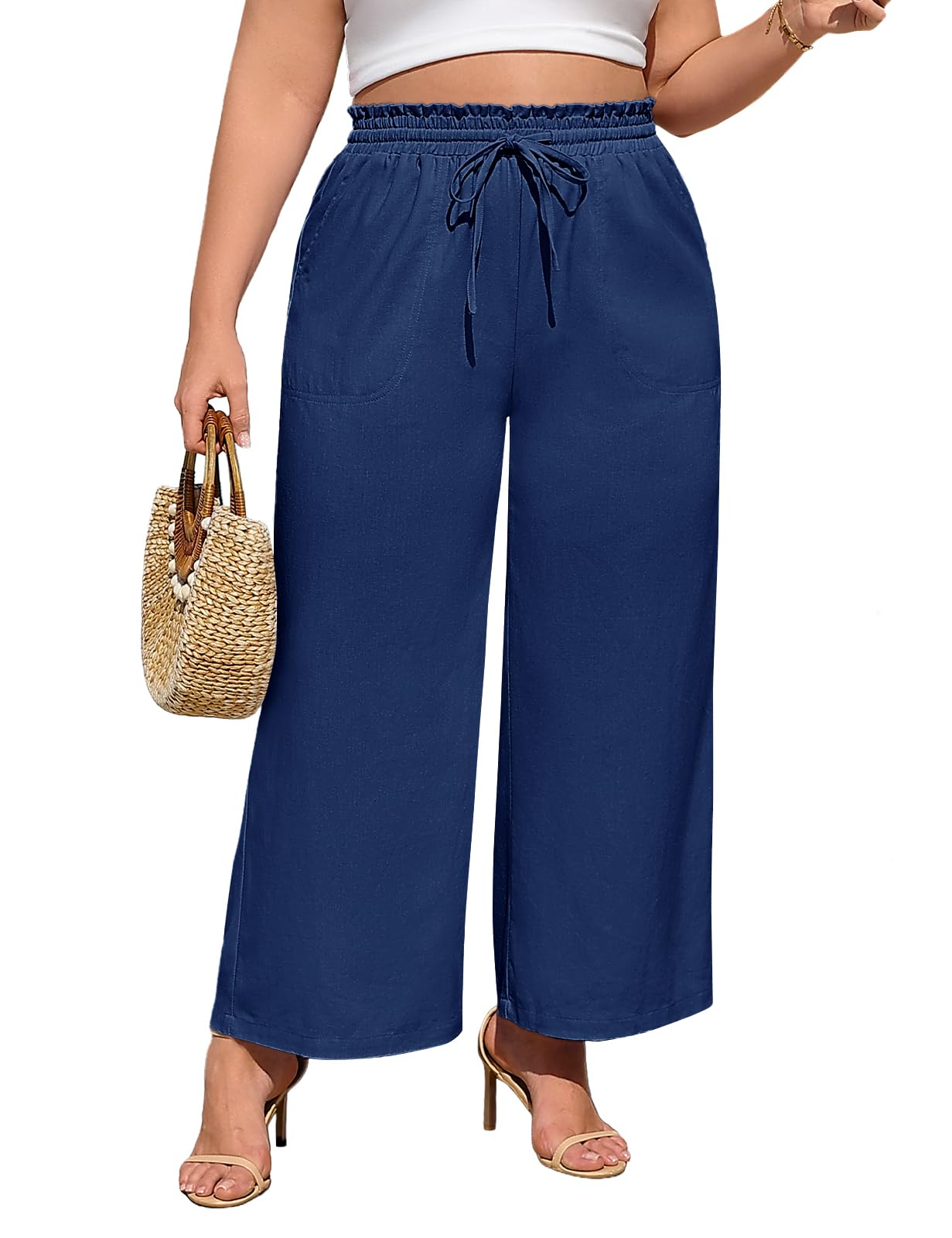 Pantaloni Lino Donna Estivi Pantaloni Larghi Taglie Forti Leggeri Elastico Vita Alta con Coulisse Eleganti Casual da Spiaggia Comodi Pantaloni Tinta Unita con Tasche XL-4XL