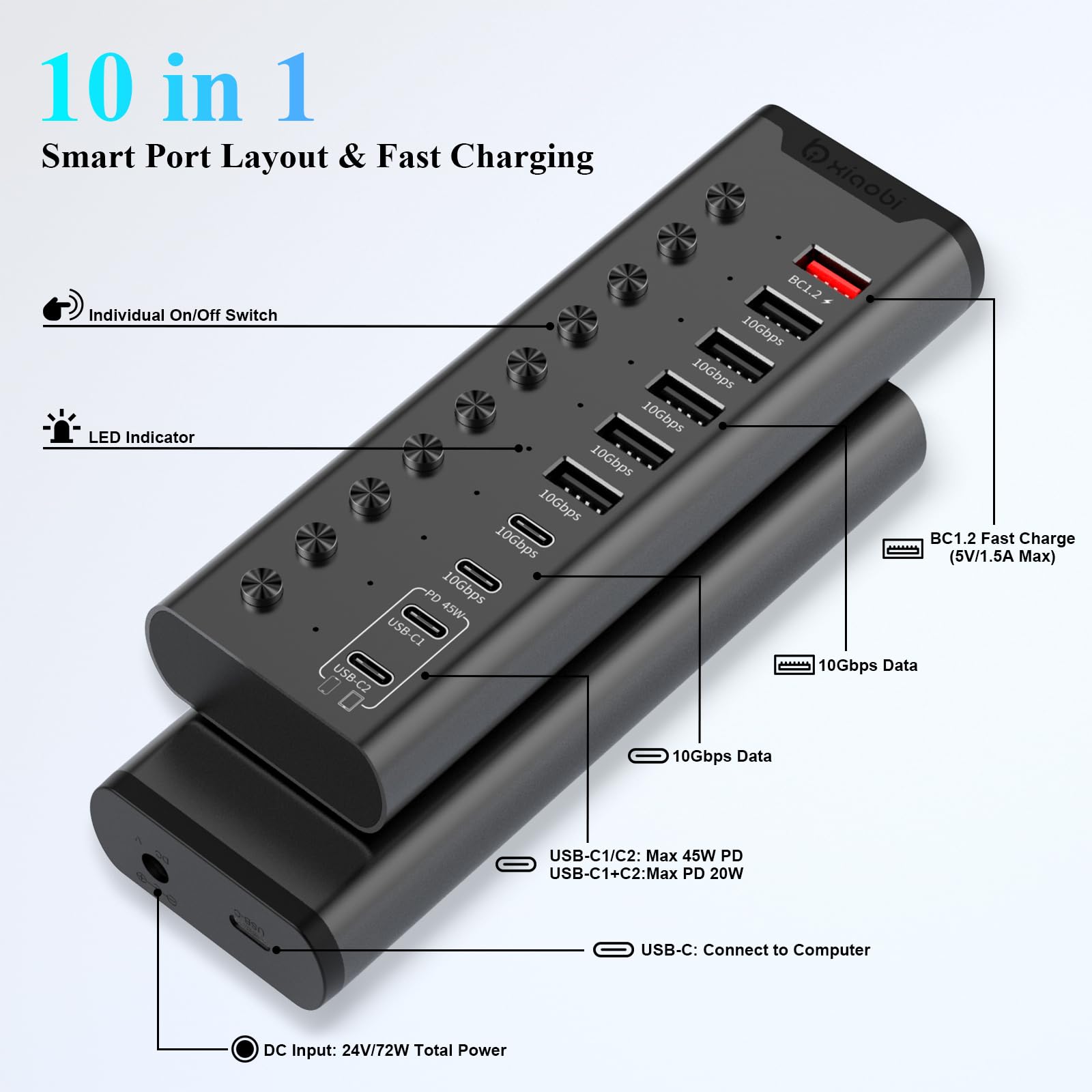Aktiver USB-Hub, 10-Port USB-C-Hub mit 5X USB-A 3.2 und 2X USB-C 3.2, BC1.2 & 2X PD 45W Ladeports, Einzelschalter, 24V/3A Netzteil, USB-Erweiterung für PC UVM. (Schwarz).