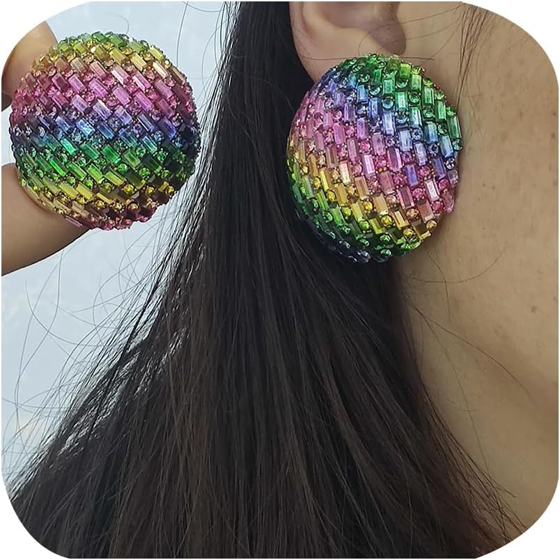 Luxury Disco Half-Ball Statement Earrings Evening Wear Crystals Ball Earrings for Women Colorful/Gold/Silver Big Music Festival Dance Party Accessories Lightweight Cubic Zirconia Ear Stud (Rainbow)