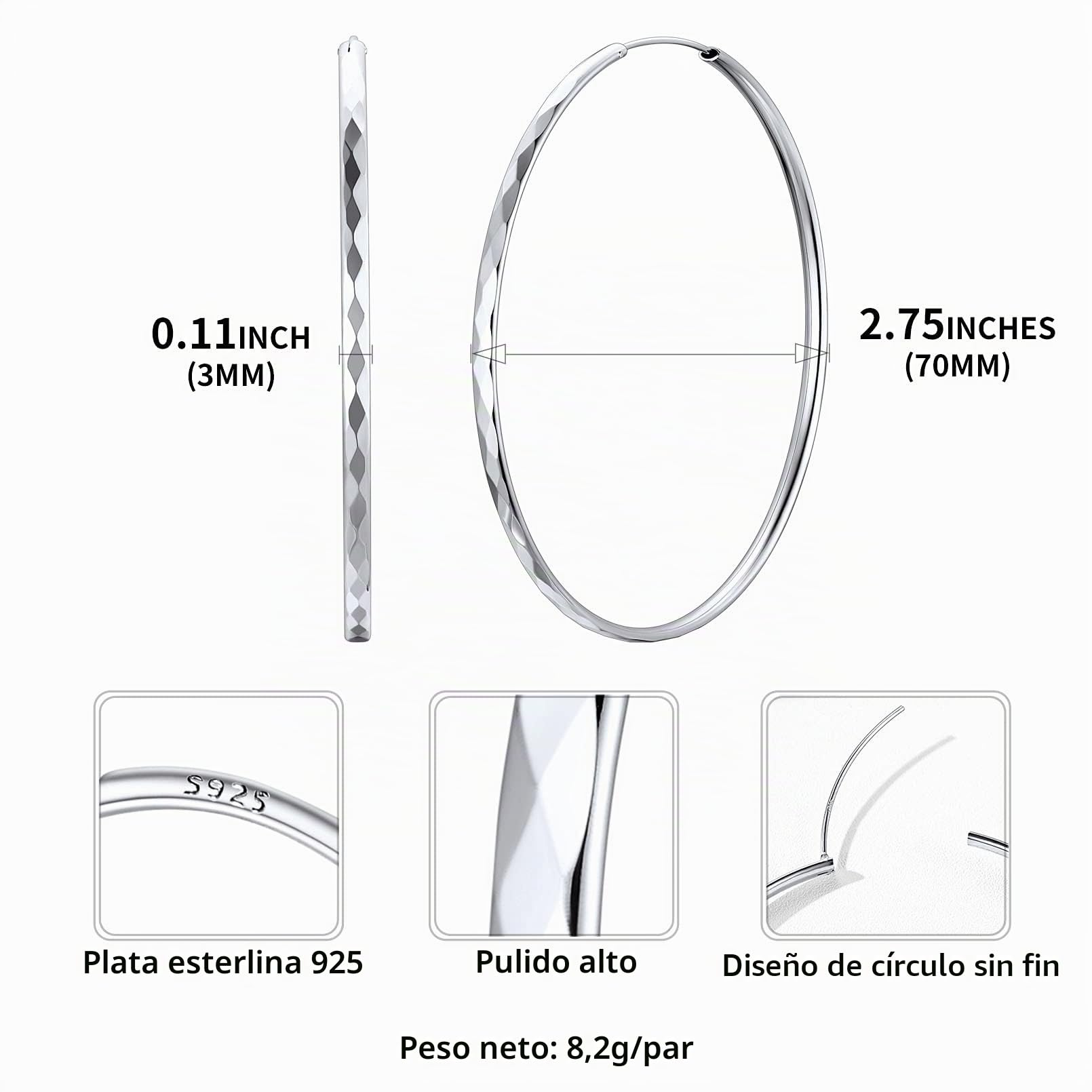 ChicSilver Pendientes Aros Mujer Plata de Ley 925 Pendientes Finos Pequeños Medianos Grandes 30/50/70 MM Pendientes Hipoalergénicos Oreja Joyerías Deliciosas Madre Pareja