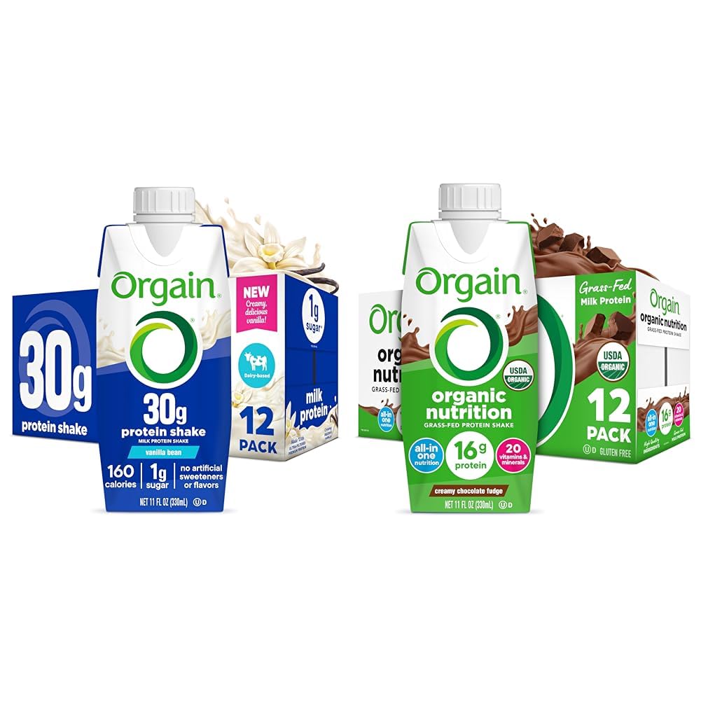 Bundle of Orgain 30g High Protein Shake, Vanilla Bean, 5g BCAAs, 11 Fl Oz + Orgain Organic Nutritional Protein Shake, Creamy Chocolate Fudge - 16g Grass Fed Whe