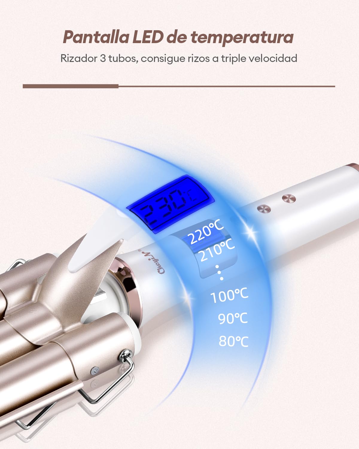 CkeyiN Rizador de Pelo 3 Barriles de 22 mm, Profesional Con Placas de Cerámica de Turmalina, Eléctrico Con Pantalla LCD, Temperatura Ajustable 80℃-230℃, Rosa