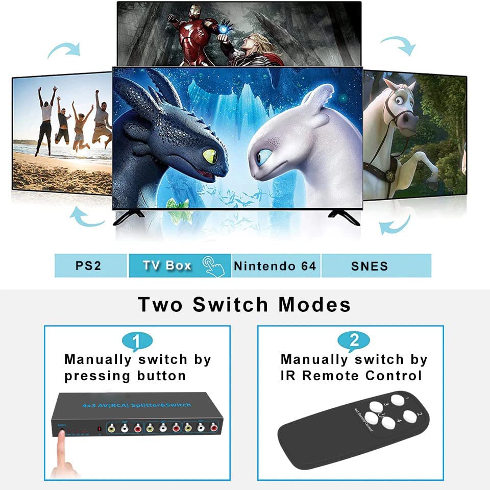 Image of Tobo 4-Way AV Switch RCA Switcher 4 in 3 Out Composite Video L /R Stereo Audio Selector Box for DVD STB Game Consoles-TD-957CC.