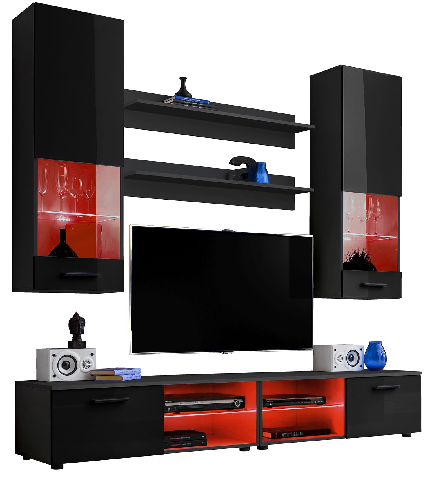 Komodee Wohnwand TV Varallo A2 Schwarz/Schwarz 200x195x45 cm