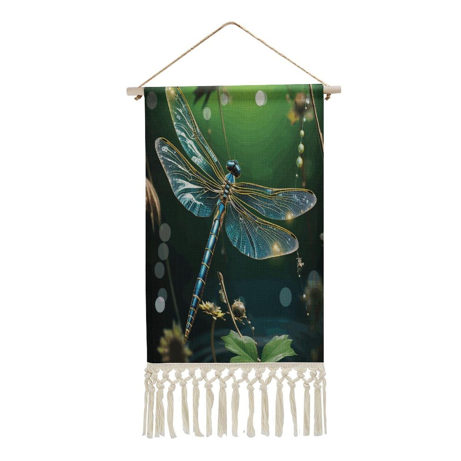 VstaDank Dragonfly Green Wall Art Decor with Tassels 20"x10" Cotton Linen Hanging Tapestry Decor Wall Art Prints Wood Frame Boho Wall Art Poster for Bedroom Living Room Office