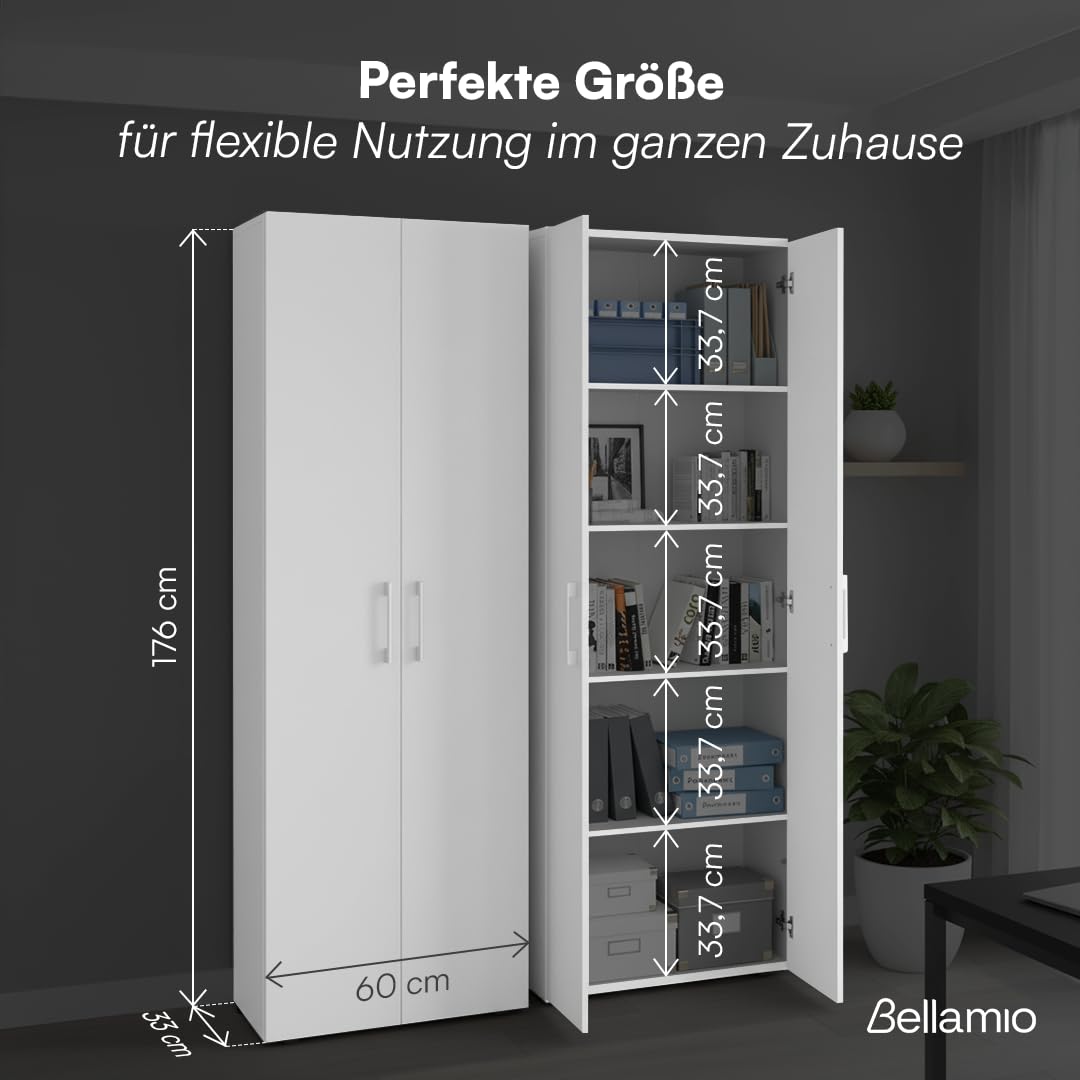 Bellamio Mehrzweckschrank Set 2-teilig – Schrank-Set mit Aktenschrank & Besenschrank in Weiß – Vorratsschrank mit Staubsaugerfach – Haushaltsschrank Holz 60 cm breit – Allzweckschrank 2 Stück