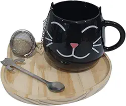 Kit Caneca De Chá Com Infusor E Colher Patinha Gato Gatinho (Preta)