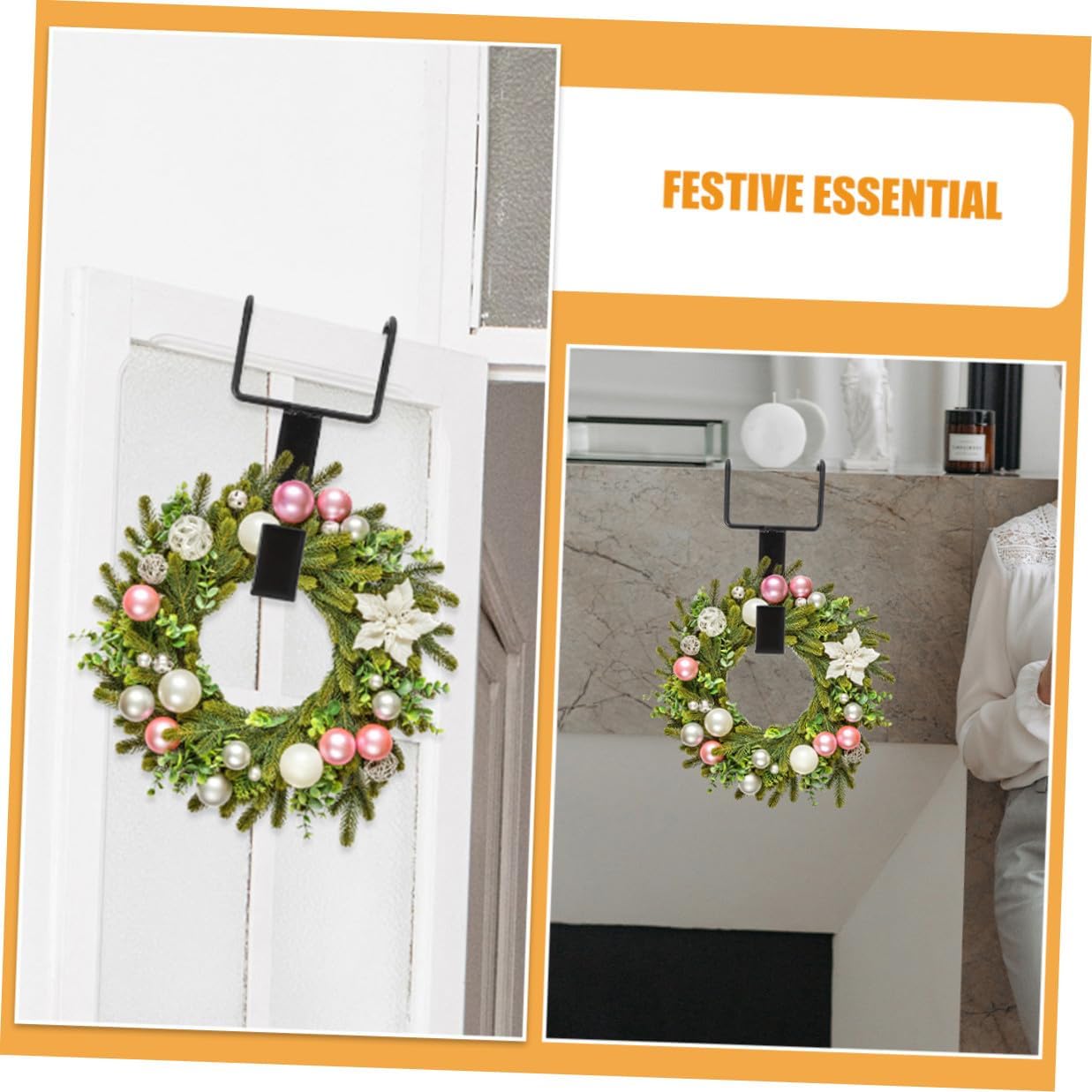 4pcs Over The Door Wreath Hangers Heavy Duty Cast Iron Double Hooks Black Garland Holder Front Door Hook for Christmas Outdoor Holiday Decoration