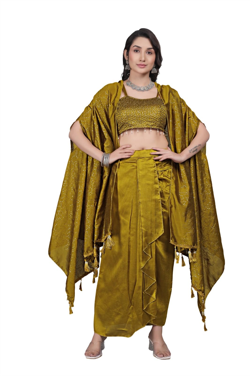 Stylish Women's Golden Embroidered Crop Top with Dhoti Skirt & Long Cape Shrug Set | Indo-Western Outfit | Vichitra Silk Fabric | Festive &-picture-43