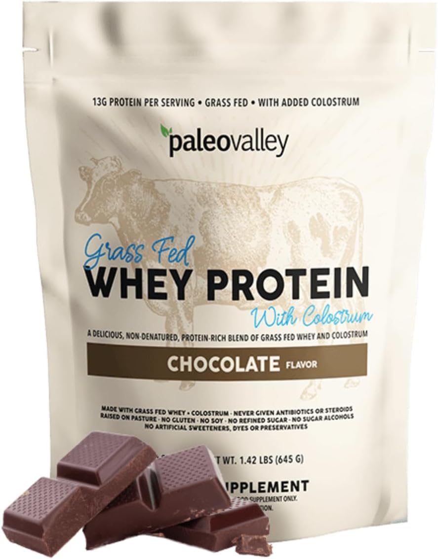 100% Grassfed Whey Protein Powder with Colostrum, 13g Protein, Chocolate, Muscle Building, Immune Support, Gut Health