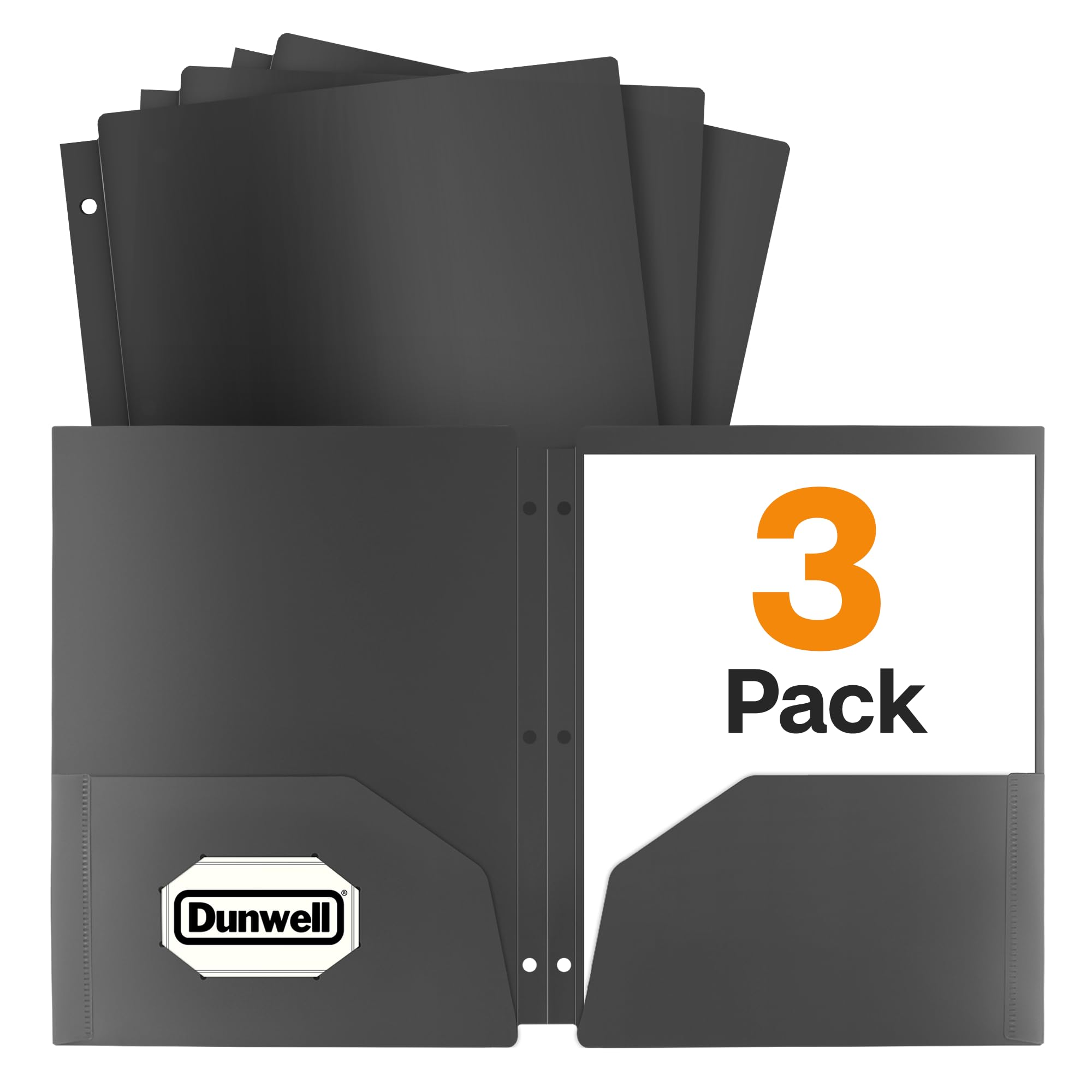 Dunwell Plastic 2-Pocket Folders for 3-Ring Binders, (3 Pack, Black) 3 Hole Punched, Divider Folder for Notebooks, Heavy Duty Poly, Fits 8.5x11 Sheets, Includes Labels
