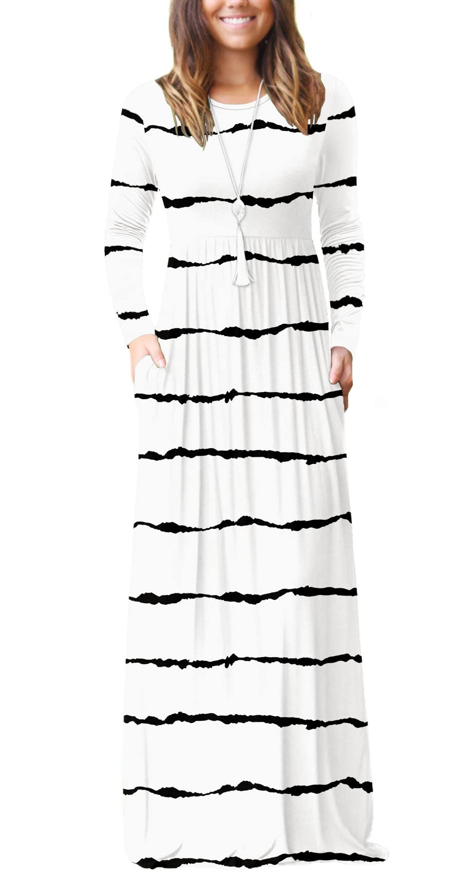 VIISHOWWomen's Long Sleeve Loose Plain Empire Waist Maxi Dresses Casual Long Dresses with Pockets - Red