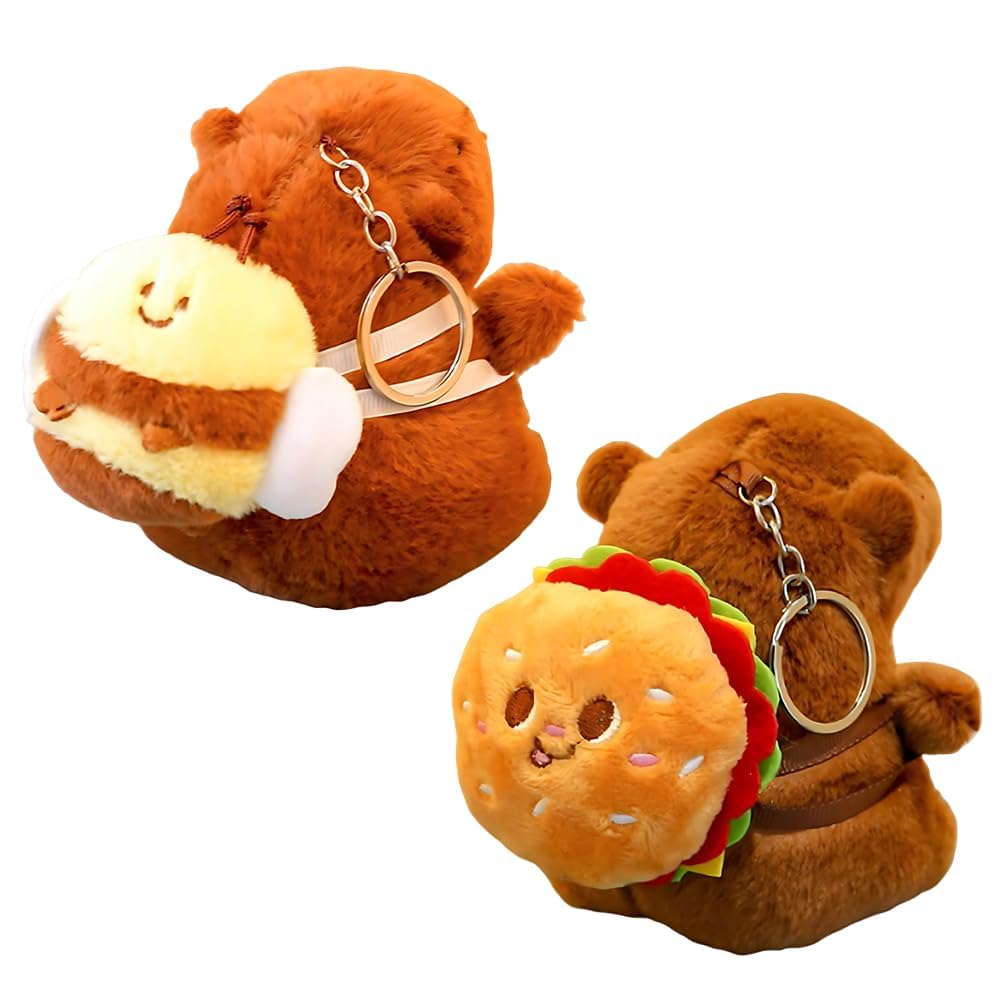 2PCS Capybara Plush Keychain Set - Super Soft Stuffed Animal Keyrings with honey & burger Style Design for Kids & Adults, Kawaii Bag Charms for Capybara Lovers