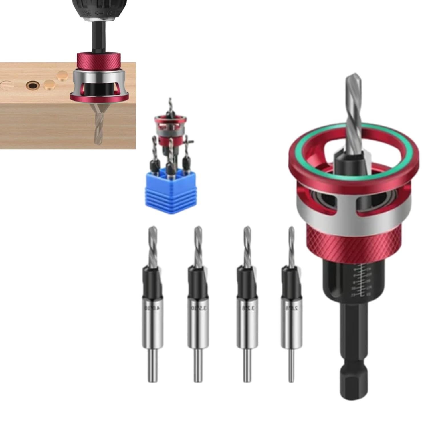 Two-Flute Counterbore with Depth Stop, Countersink Drill Bit Set with Depth Stop, Countersink Drill Bit Set, Drill Bit Depth Stop Collars, Pro-Series Counterbore with Smart Depth Stop (Red)