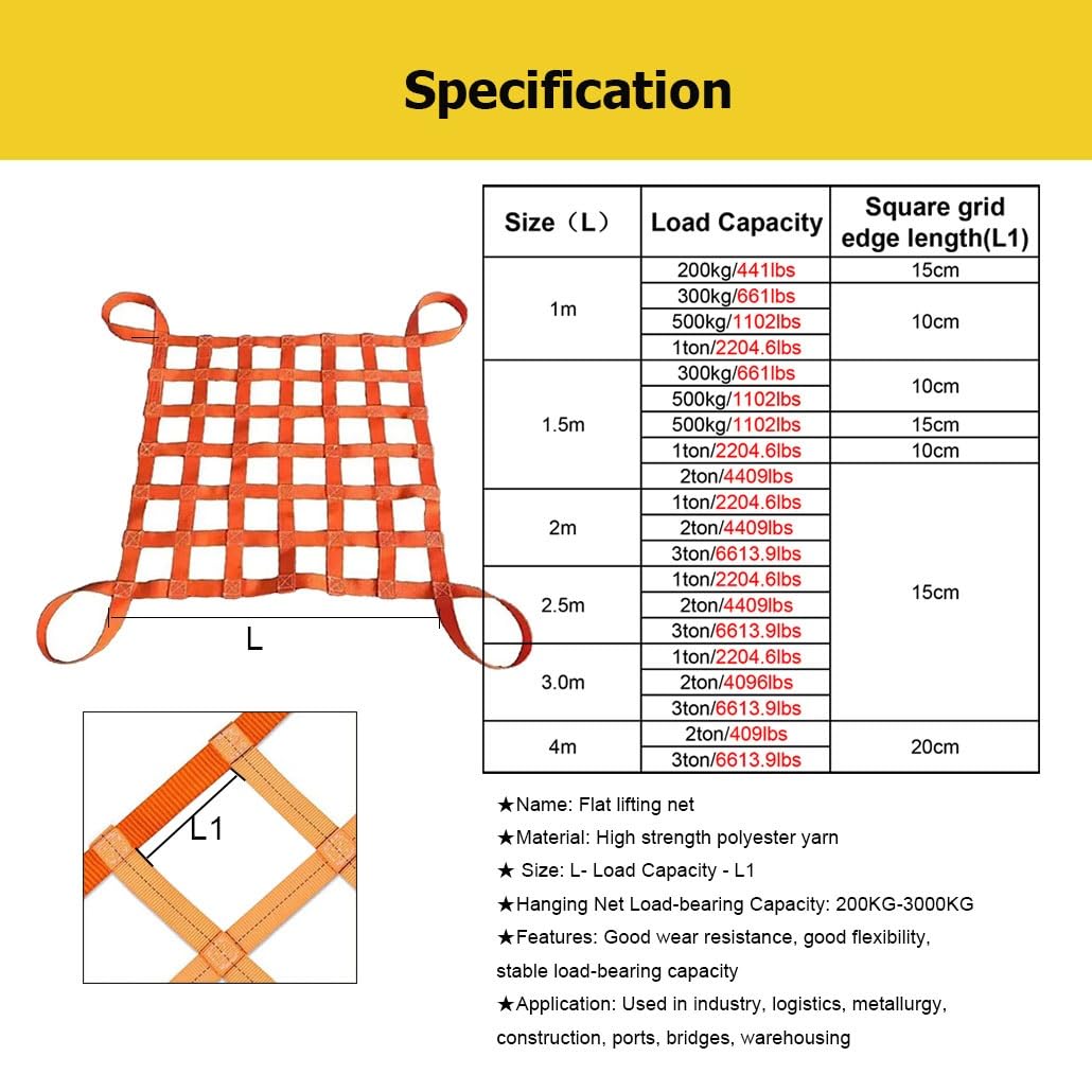 Cinghie di sollevamento di sicurezza quadrate da 1-4 m, rete di sollevamento piatta in poliestere for applicazioni industriali e marittime, carico e scarico(4m-2ton-20cm)