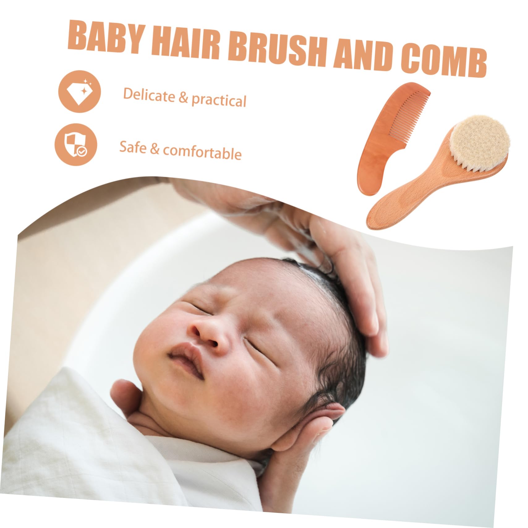 BESTonZON Newborn Hair Brush Comb Set 2pc Wool Brush and Wooden Comb for Newborn Baby and
