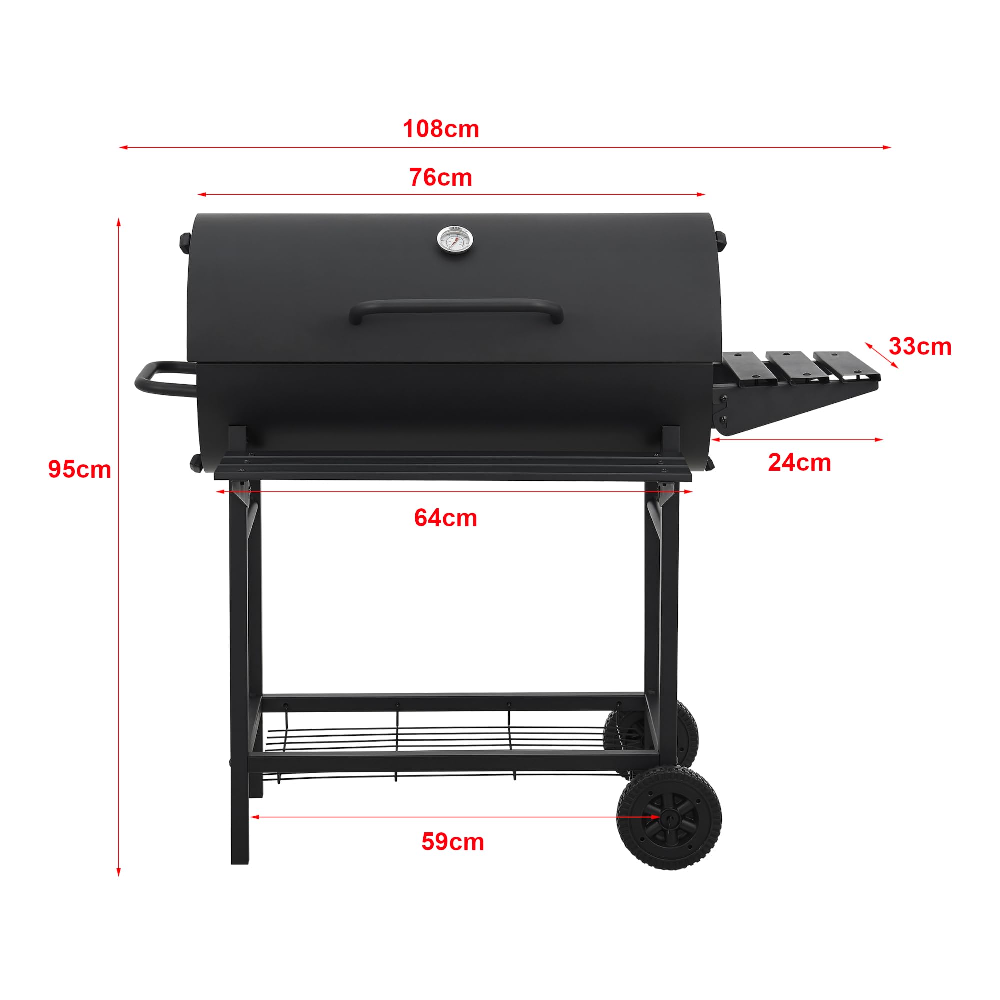 casa.pro Grill na kółkach Armento grill na węgiel drzewny z pokrywką, ruszt do grillowania z emaliowanej stali nierdzewnej, grill ogrodowy, 2 koła, termometr w pokrywie, 95 x 108 x 61 cm, czarny