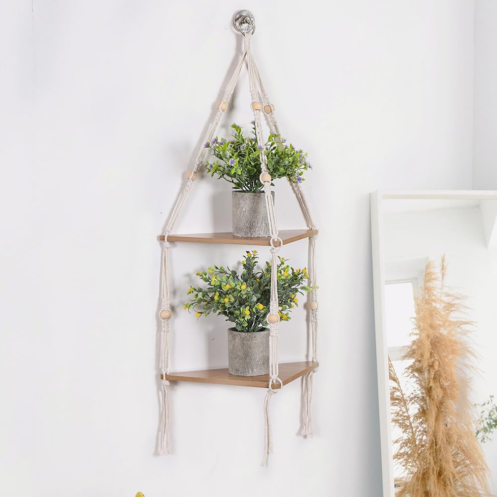 Garvee Eckregal hängend Holz, 2 Etagen Schweberegal mit Seil & Perlen, Boho Dekoration Wandregal für Pflanzen & Fotos, Eck-Hängeregal für Wohnzimmer Schlafzimmer Bad, Naturholz Design