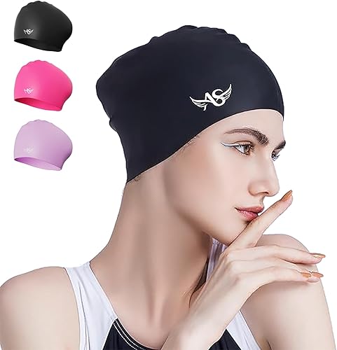 Angel season Gorros de natación para mujer, de silicona, rizado, mediano y largo, diseño ergonómico para adultos, mantiene el cabello seco