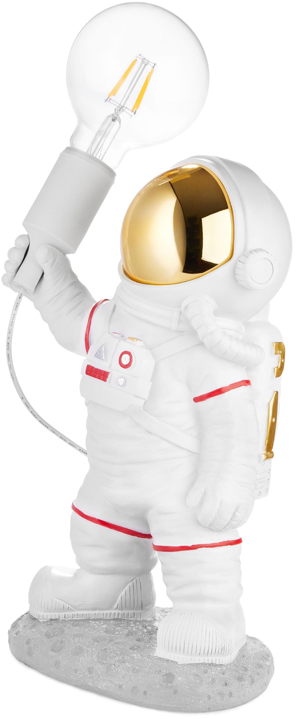 BRUBAKER Lampe de Table Astronautes - 40 cm Lampe de Chevet Spatiale avec Douille E27 et USB-C Connecteur - Statue Décorative Peinte à la Main – Blanc et Or