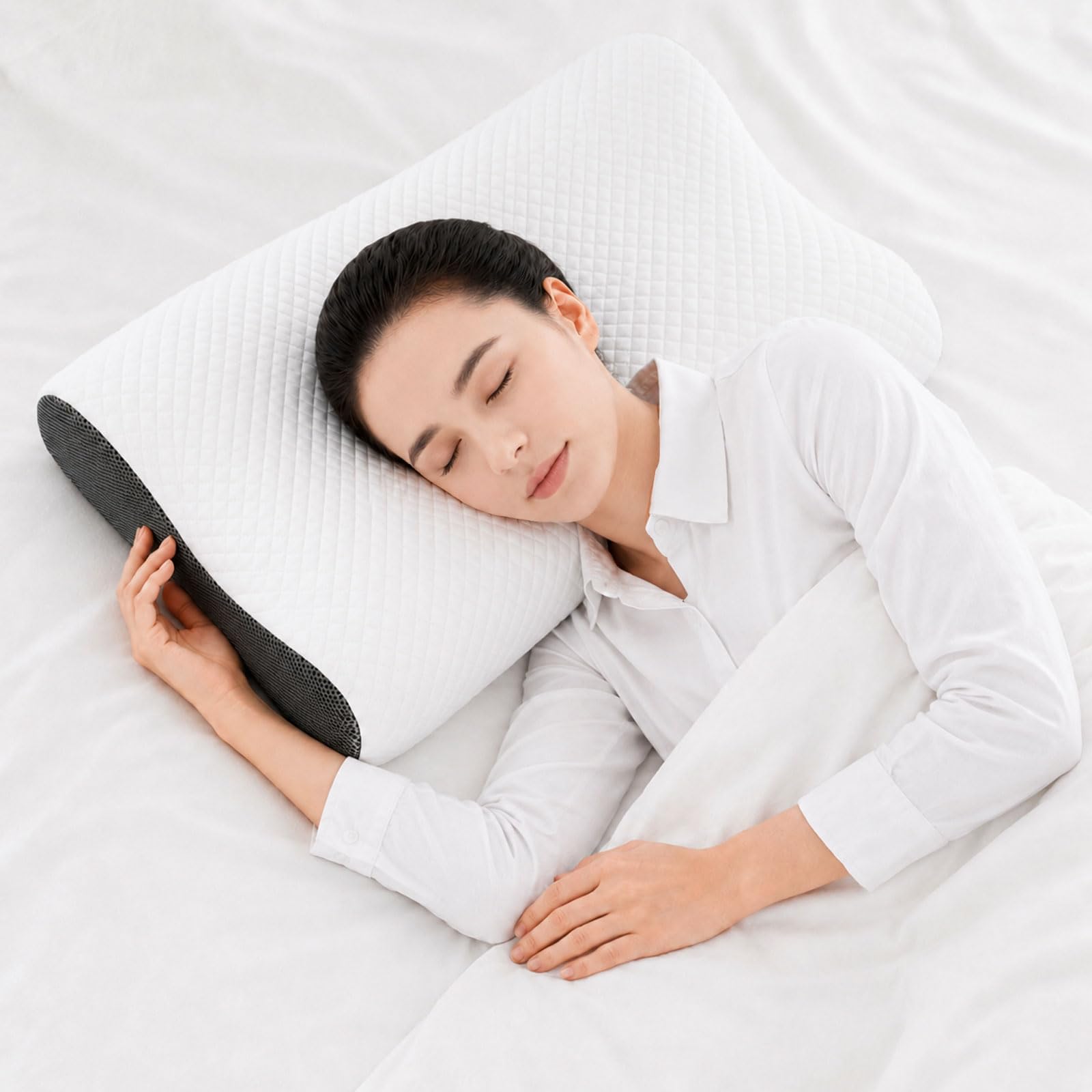 Cuscino cervicale in memory foam per supporto cervicale, cuscino ortopedico ergonomico per chi dorme sul lato posteriore, 150 fori traspiranti, certificazione Oeko-TEX e CertiPUR-US, 60 x 35 x