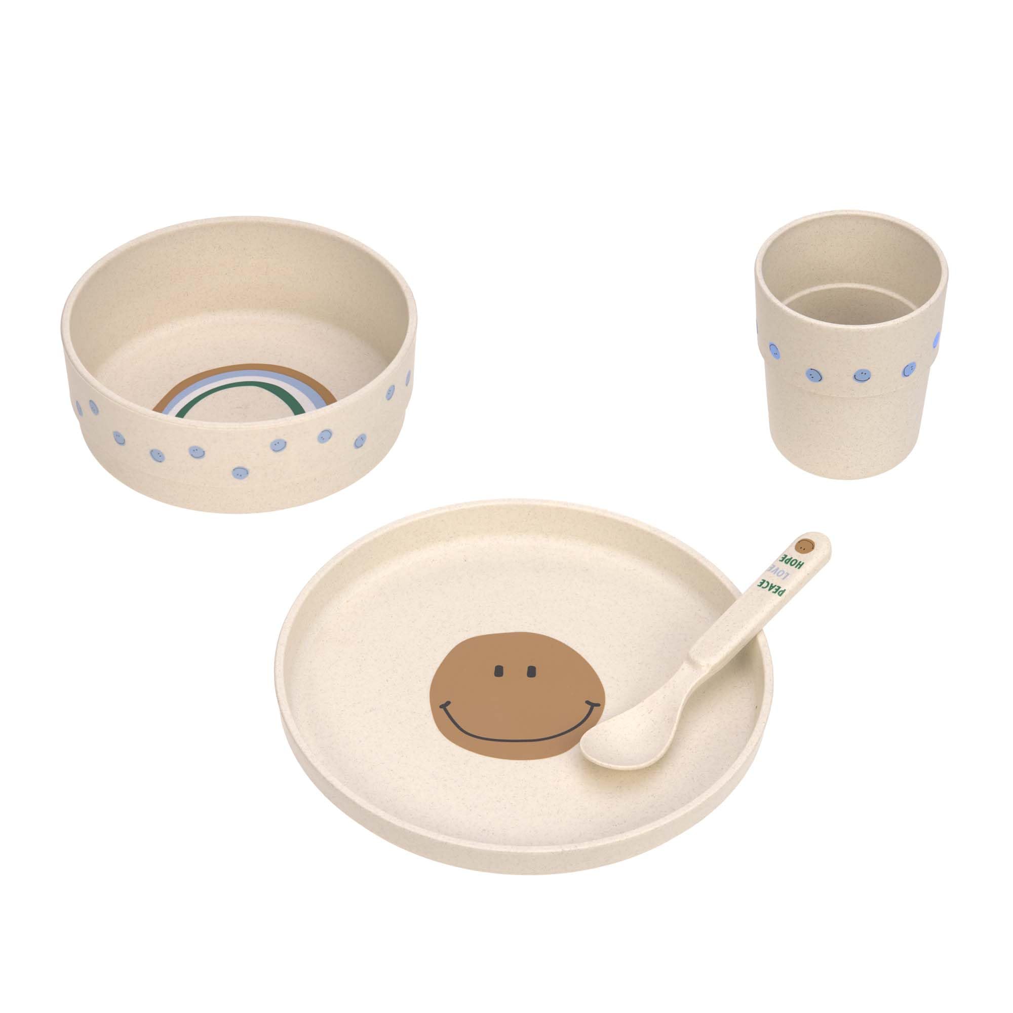 LÄSSIG Set di stoviglie per bambini, piatto ciotola tazza cucchiaio, senza BPA/Dish Set PP/Cellulose Happy Rascals Smile sky blue