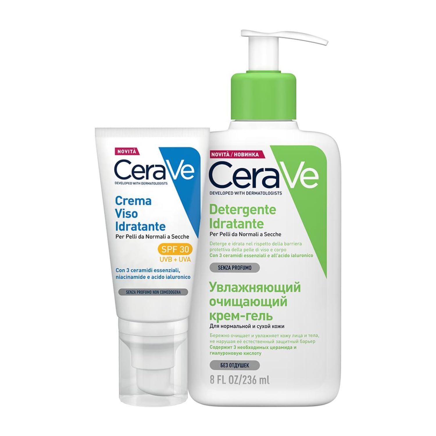 CeraVe Kit Skincare Viso, Detergente Idratante, Per Pelli da Normali a Secche, Con Acido Ialuronico, 236 ml + SPF 30, 52 ml