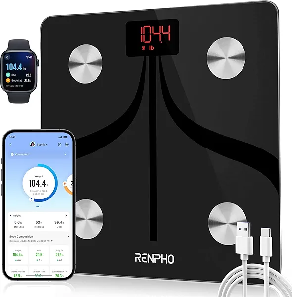 RENPHO Smart Scale for Body Weight, USB-C Rechargeable Digital Bathroom Scale, Electronic 13 Body Composition Monitor with Smartphone App, 396 lbs, Black, Elis 1 (11 inch)