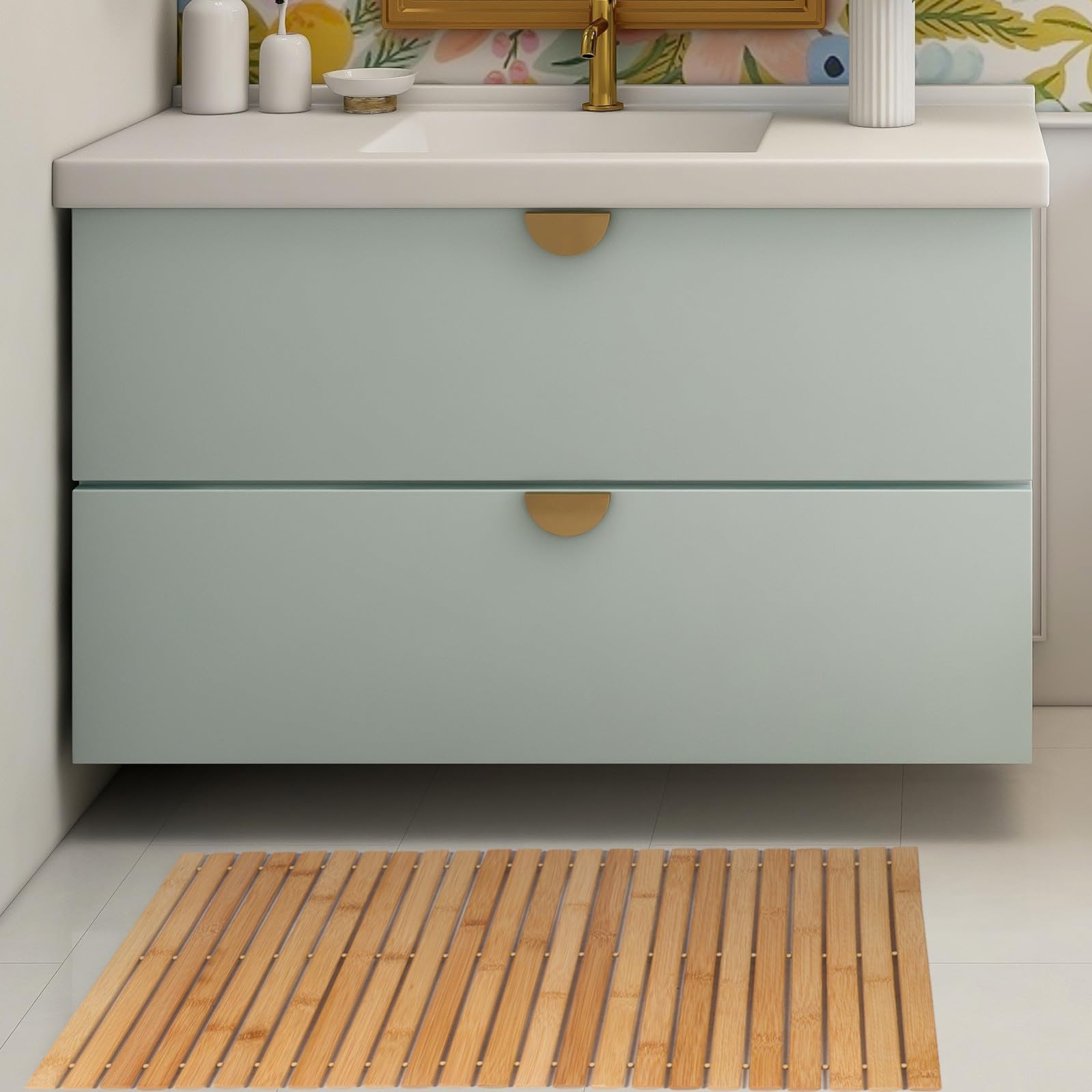 NUOBESTY Tappeto per Bagno Antiscivolo in Bambù Marrone Elegante, Tappeto da Vasca Assorbente senza Assemblaggio per Bagno e Ufficio