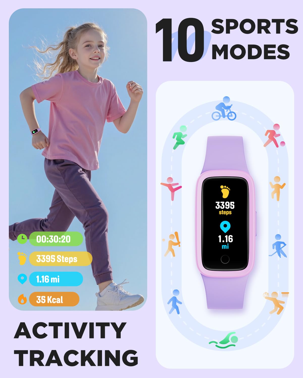 Zegarek fitness dla dzieci ze śledzeniem aktywności dla dziewcząt w wieku 5-15 lat, liliowy