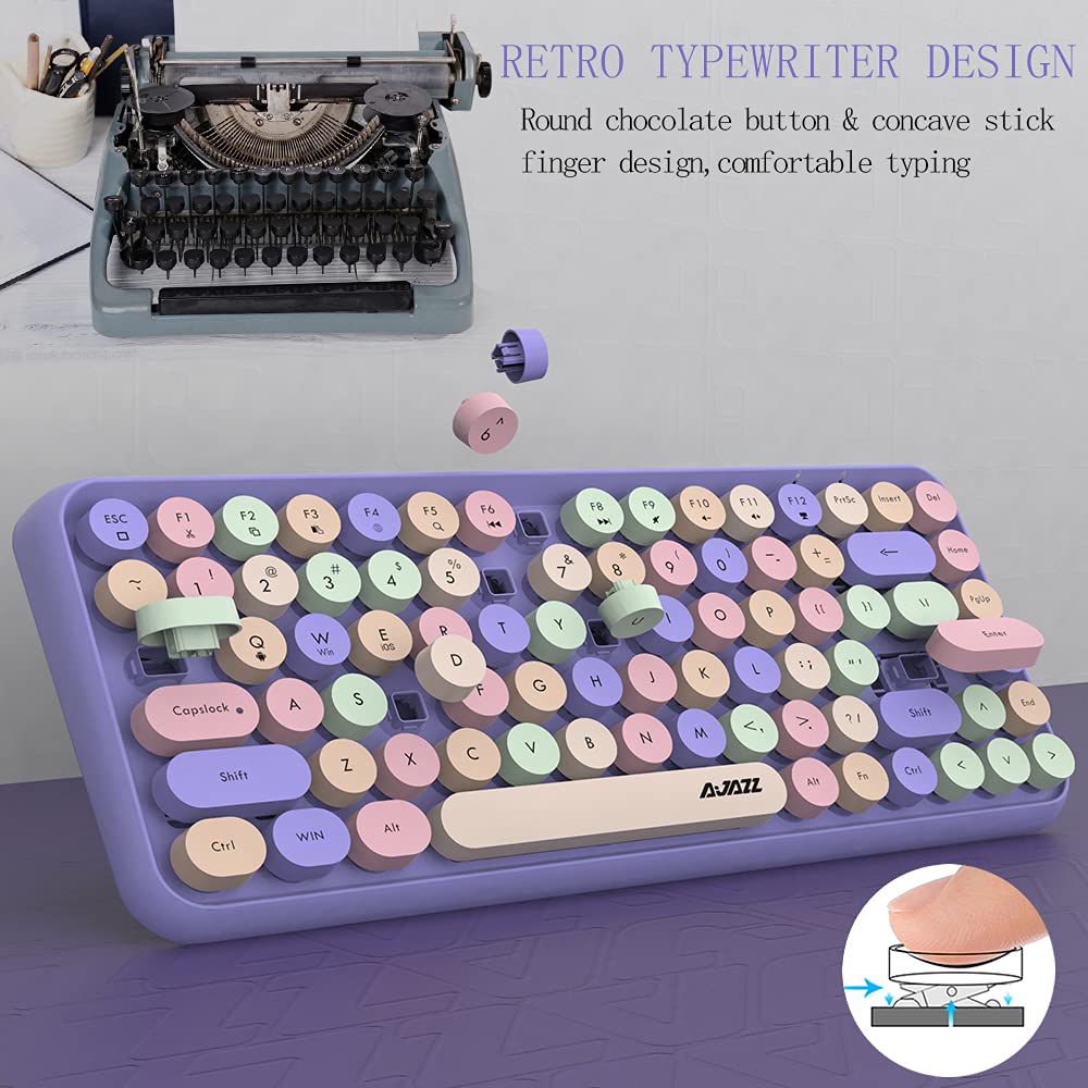 FELiCON 308i Bezprzewodowa klawiatura Retro, Cicha Urocza Klawiatura Komputerowa Bluetooth z Compact 84 Klawiszami, lekka, Matowa Tekstura, Konstrukcja Maszyny do Pisania na PC/Laptop/Mac-Mixed Purple