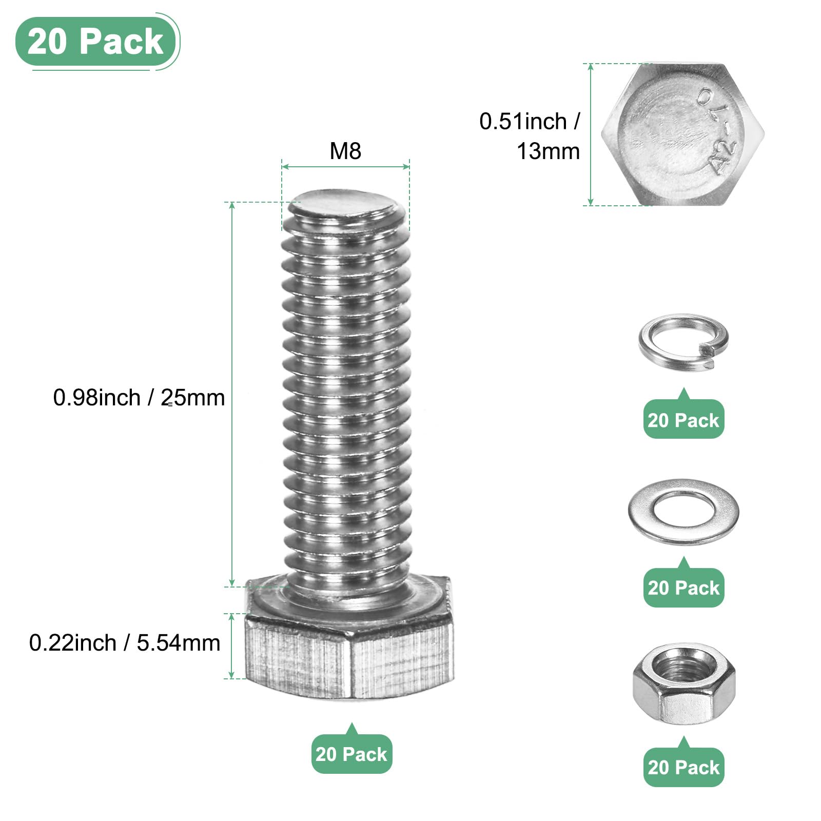 M METERXITY 20-Pack Hex Head Screw Bolt with Nuts Flat & Lock Washers M8x25mm Stainless Steel Bolts and Nuts Kit Fully Threaded Metric Bolt Assortment for Equipment/Machinery - Image 3