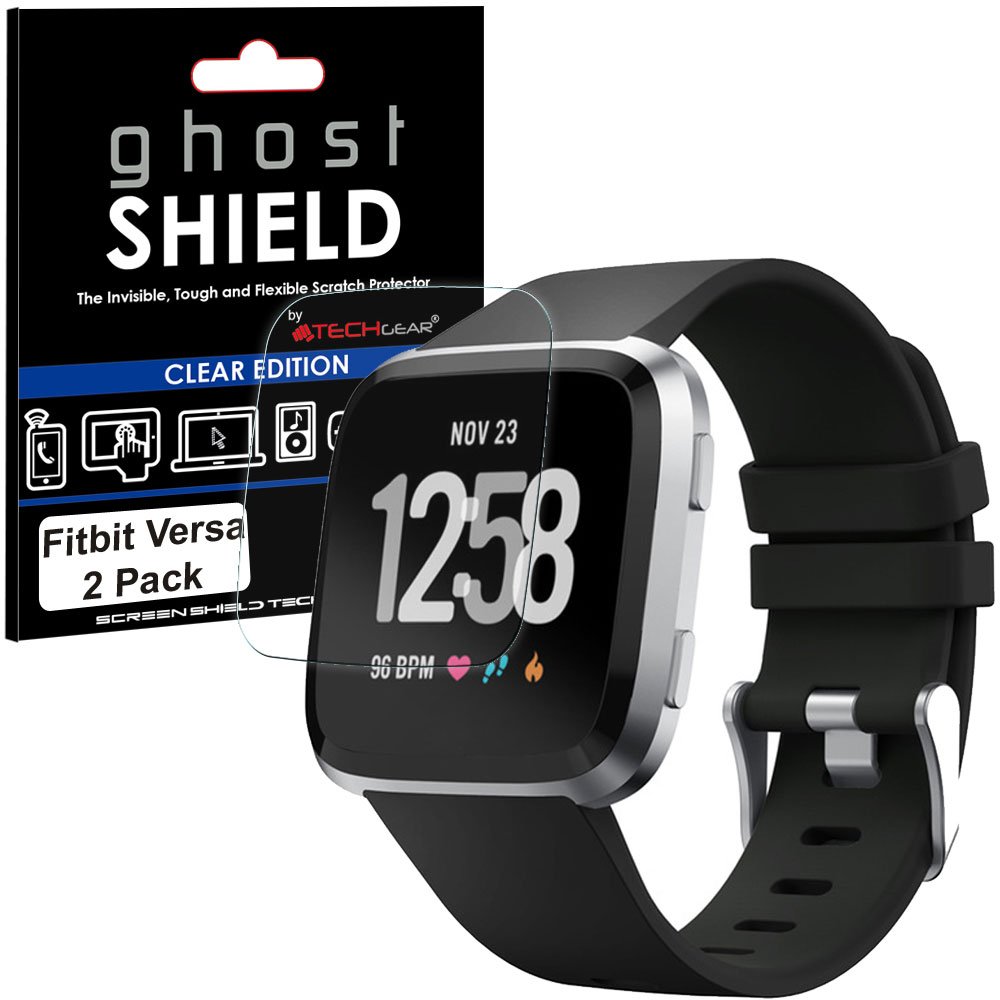 TECHGEAR [2 Pack] Screen Protectors to fit Fitbit Versa [ghostSHIELD Edition] Genuine Reinforced Flexible TPU Screen Protector Guard Covers with Full Screen Coverage inc Curved Screen