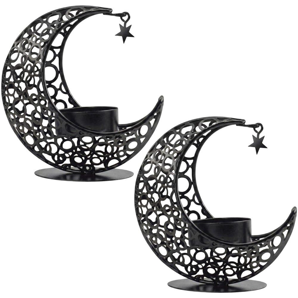 Hrippy 2 Pcs Metal Eid Mubarak Moon Tealight Candle Holder, Decorative Candlestick for Ramadan Household Table Centerpiece