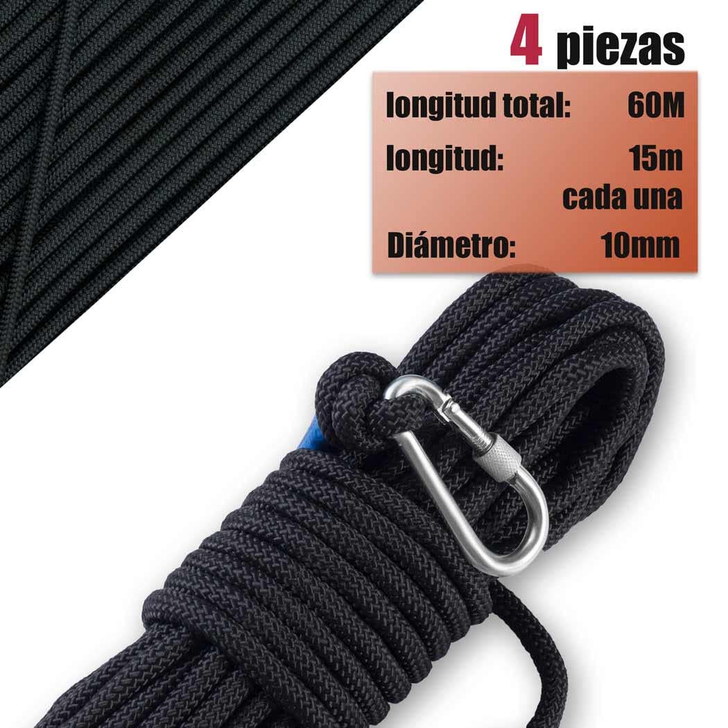 Cuerda de Nylon Trenzado 60M,Cuerda de Alta Resistencia 10mm,15M-Paquete de 4,con Mosquetones(Negro)
