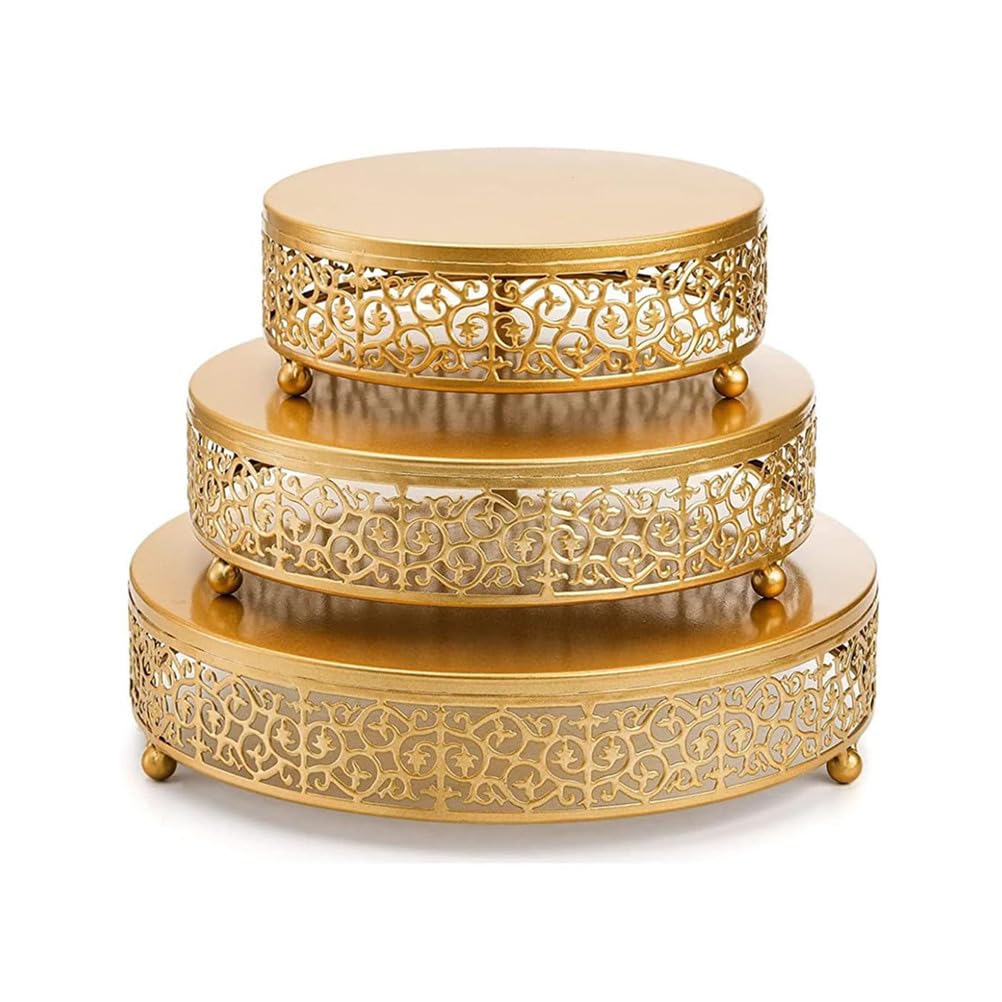 Lot de trois supports à gâteaux ronds en métal creux avec pieds sphériques et plateaux à dessert en couches dorées pour mariage, anniversaire, thé de l'après-midi, buffet, boulangerie, décoration de