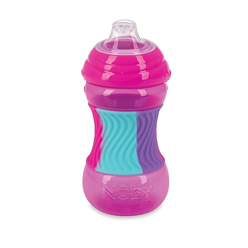 Nuby Bandas de silicona sin derrames taza de boquilla suave de 10 onzas con banda de silicona texturizada de fácil agarre color rosa