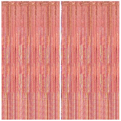 Image of 2 Pack 3.3 x 8.2 ft Tinsel Foil Fringe Backdrop Curtain, Upgraded Rose Gold Glitter Metallic Streamers, Party Photo Curtains Backdrop for Birthday Wedding Bride Prom Bachelorette Party Decor