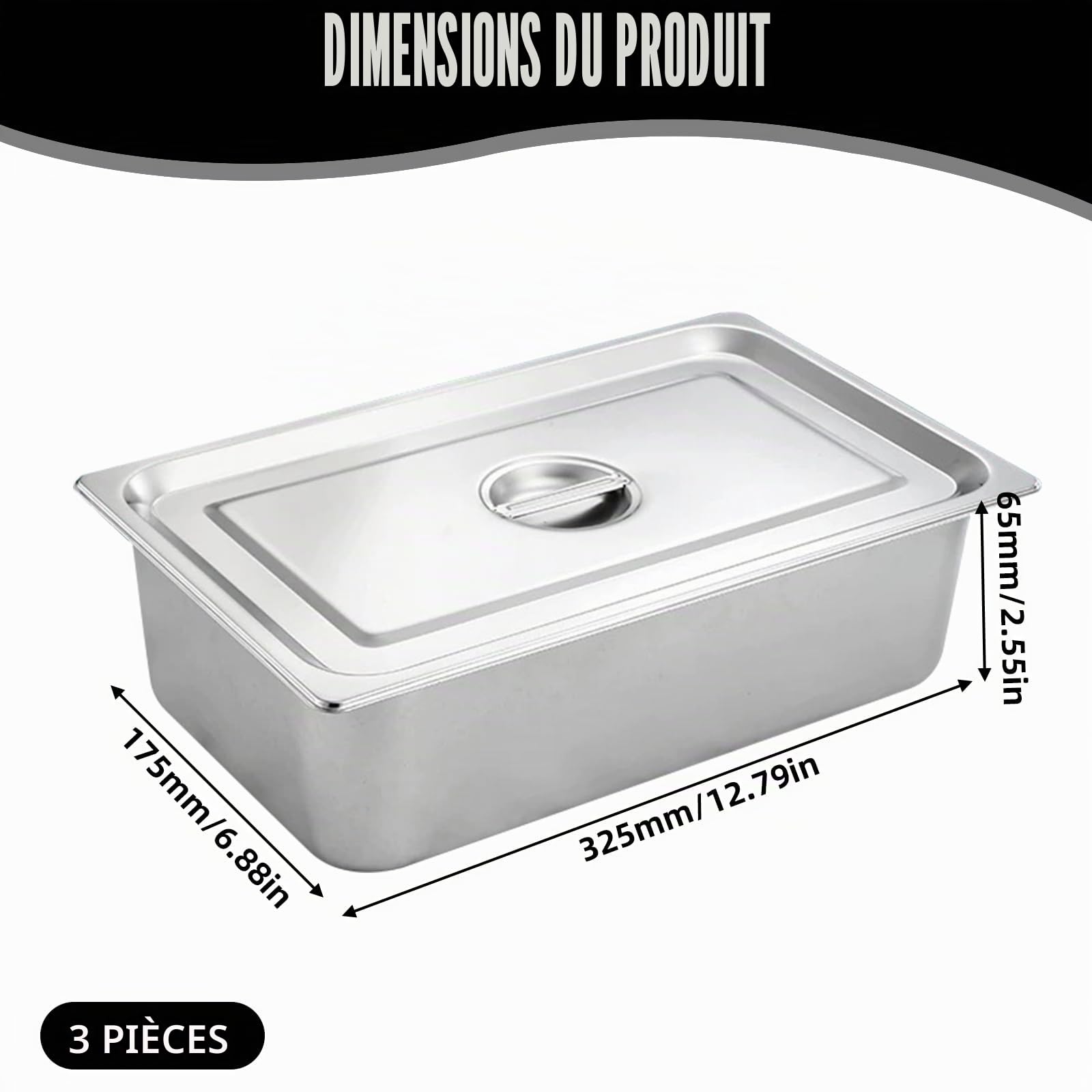 Lot de 3 plats à paner en acier inoxydable - 3 récipients GN avec couvercle - 32,5 x 17,5 x 6,5 cm - Rectangulaire - Récipient gastronorme en acier inoxydable avec couvercle pour paner poisson,